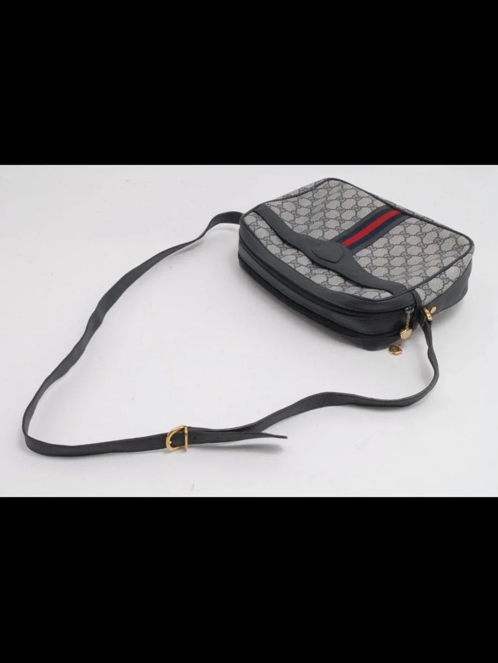Gucci Navy GG Supreme Messenger Bag with Red-Green Stripe